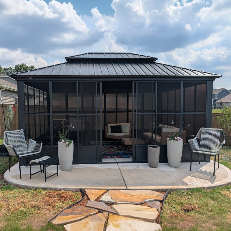 PURPLE LEAF Sunroom Hardtop Gazebo Solarium Grey Galvanized Steel Double Roof  All-Weather Aluminum Outdoor Screen House with String Lights