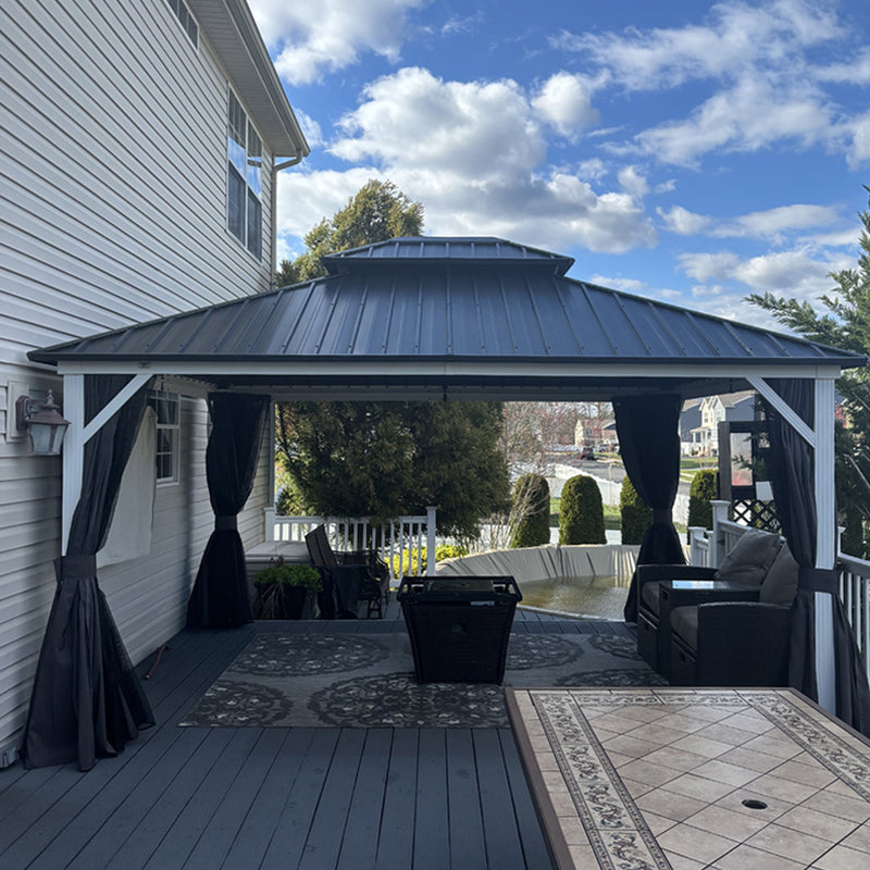 PURPLE LEAF Patio Hardtop Gazebo for Outdoor Grey Galvanized Steel Double Roof White Aluminum Poles with Curtains and String Lights-clear