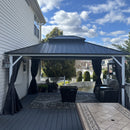 PURPLE LEAF Patio Hardtop Gazebo for Outdoor Grey Galvanized Steel Double Roof White Aluminum Poles with Curtains and String Lights-milky
