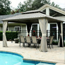 PURPLE LEAF Deck Gazebo Champagne Hardtop Metal Frame Double Roof with Curtains and Netting with Lights-clear