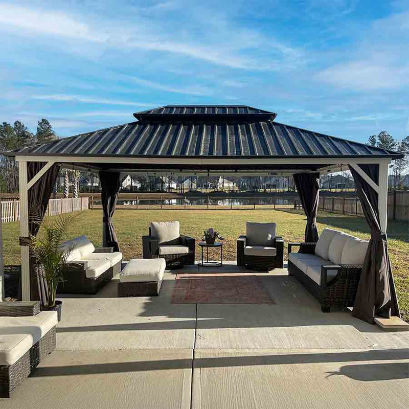 PURPLE LEAF Patio Hardtop Gazebo for Outdoor Grey Galvanized Steel Double Roof White Aluminum Poles with Curtains and String Lights-milky
