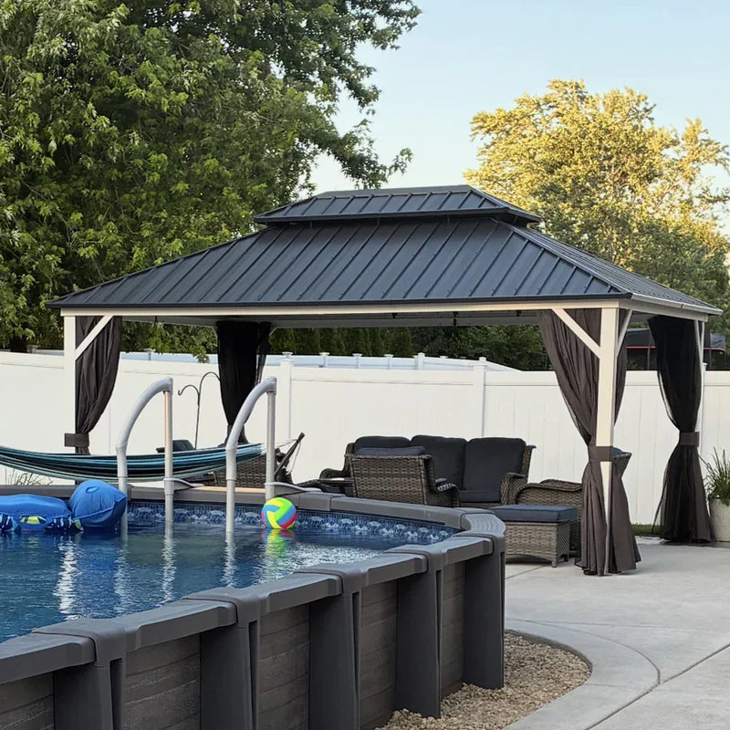 PURPLE LEAF Patio Hardtop Gazebo for Outdoor Grey Galvanized Steel Double Roof White Aluminum Poles with Curtains and String Lights-clear