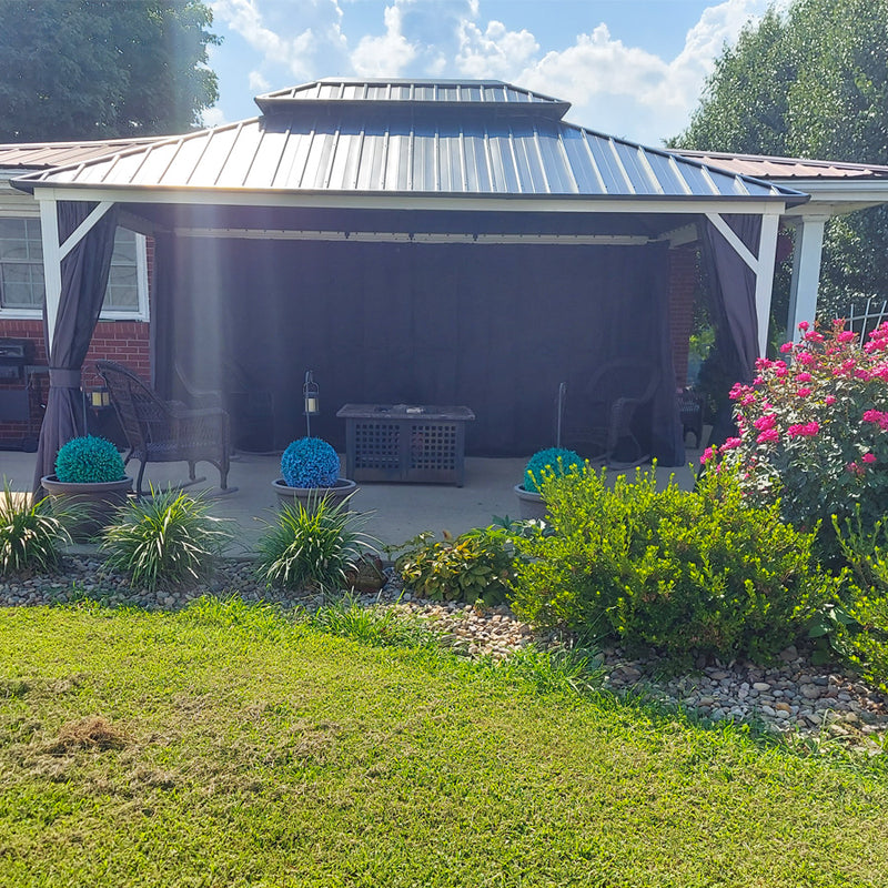 PURPLE LEAF Patio Hardtop Gazebo for Outdoor Grey Galvanized Steel Double Roof White Aluminum Poles with Curtains and String Lights-clear