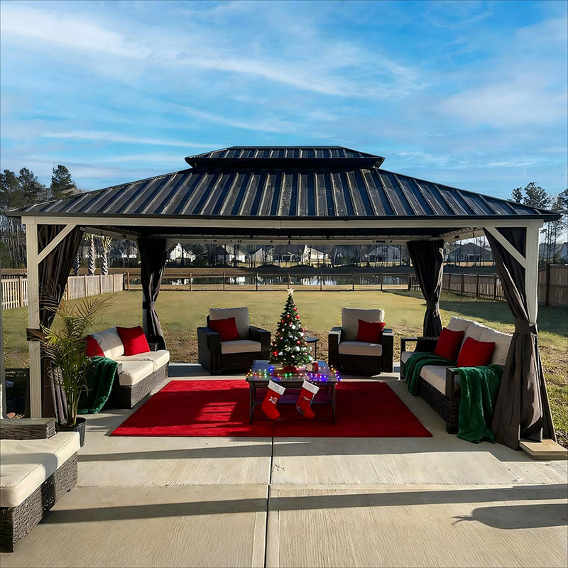 PURPLE LEAF Modern Gazebo Grey Hardtop Galvanized Steel Double Roof White Aluminum Poles with Curtains and Netting