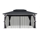 PURPLE LEAF Patio Hardtop Gazebo for Outdoor Grey Galvanized Steel Double Roof White Aluminum Poles with Curtains and Netting