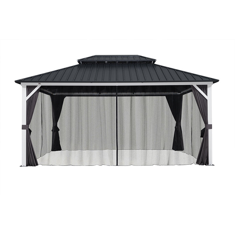 PURPLE LEAF Patio Hardtop Gazebo for Outdoor Grey Galvanized Steel Double Roof White Aluminum Poles with Curtains and Netting