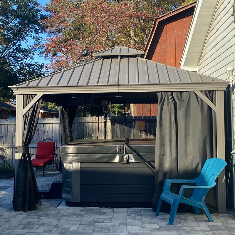 PURPLE LEAF Patio Gazebo for Pool Light Grey Hardtop Galvanized Steel Roof with Upgraded Curtains