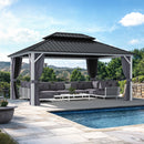 PURPLE LEAF Modern Gazebo Grey Hardtop Galvanized Steel Double Roof White Aluminum Poles with Curtains and Netting