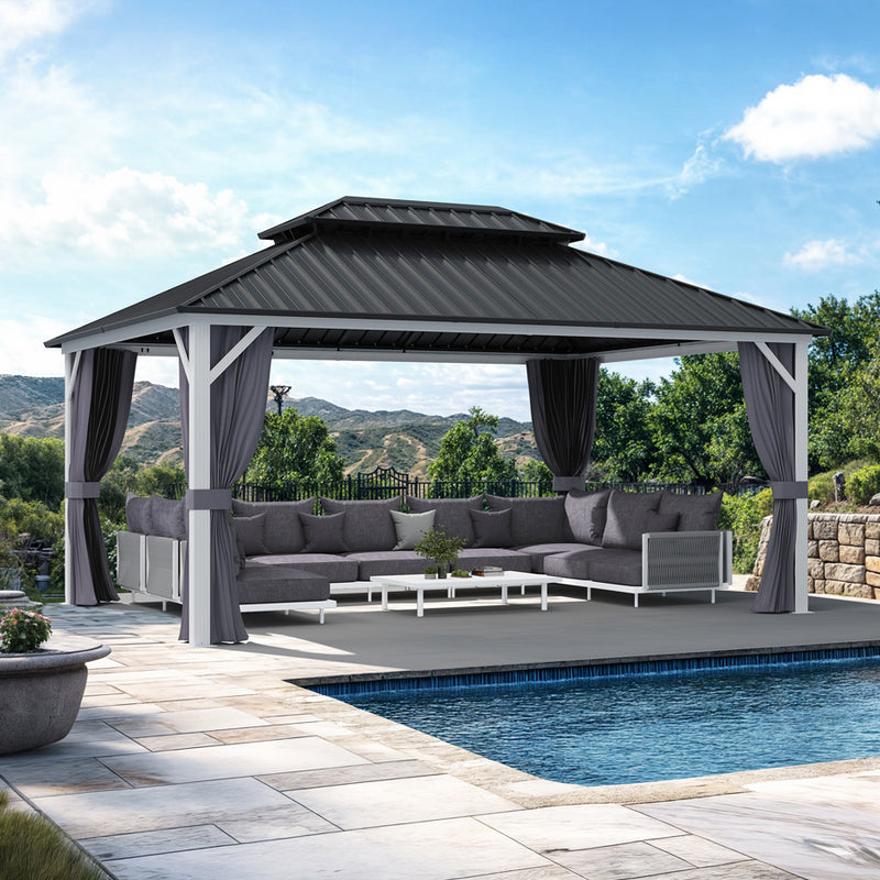 PURPLE LEAF Modern Gazebo Grey Hardtop Galvanized Steel Double Roof White Aluminum Poles with Curtains and Netting