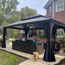 PURPLE LEAF Outdoor Hardtop Gazebo for Patio Bronze Aluminum Frame Pavilion with Navy-Blue Curtain and String Lights-clear