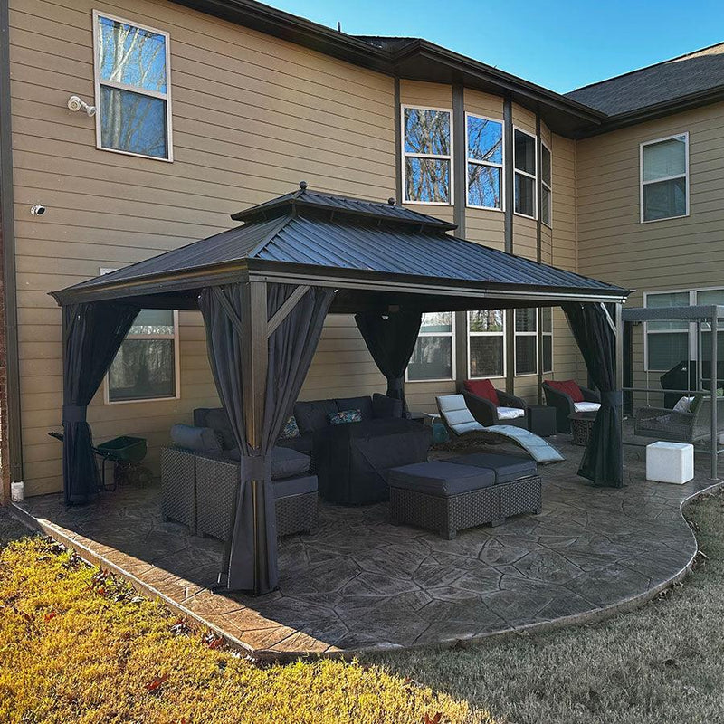 PURPLE LEAF Outdoor Hardtop Gazebo for Patio Bronze Aluminum Frame Pavilion with Navy-Blue Curtain