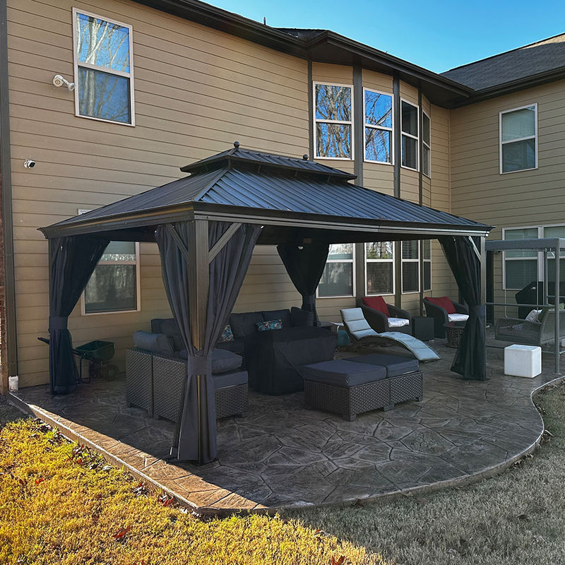 PURPLE LEAF Outdoor Hardtop Gazebo for Patio Bronze Aluminum Frame Pavilion with Navy-Blue Curtain and String Lights