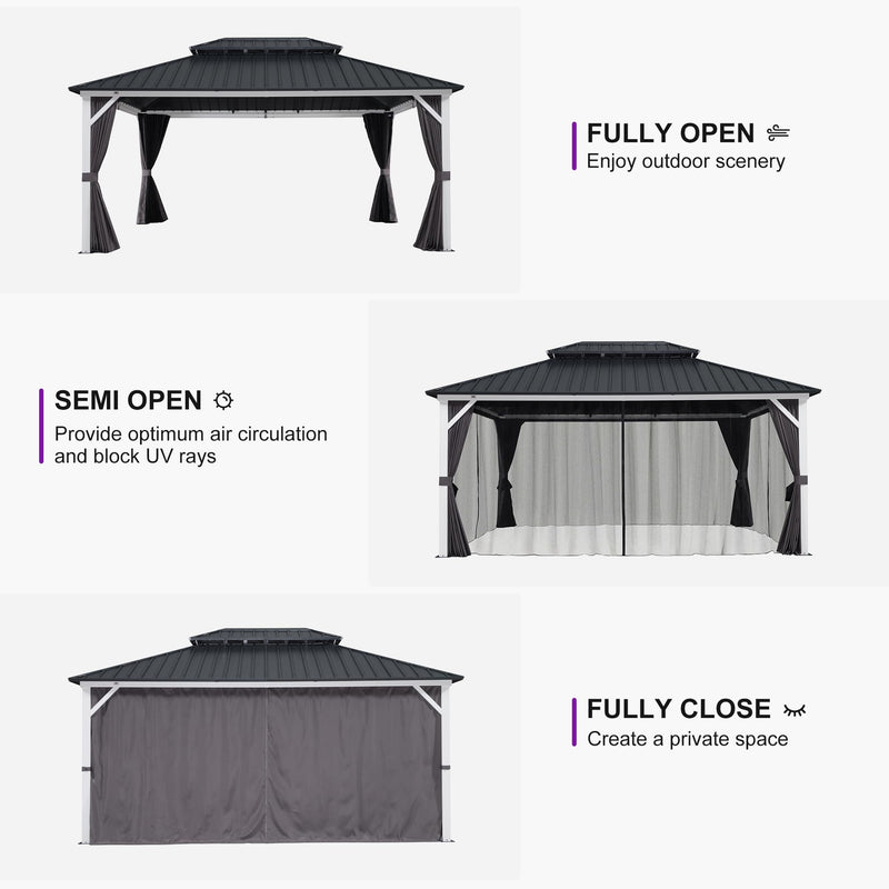 PURPLE LEAF Patio Hardtop Gazebo for Outdoor Grey Galvanized Steel Double Roof White Aluminum Poles with Curtains and Netting