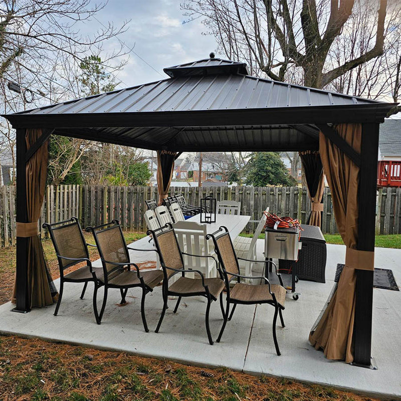 PURPLE LEAF Outdoor Hardtop Gazebo for Garden Bronze Double Roof Aluminum Frame Pavilion with String Lights-clear