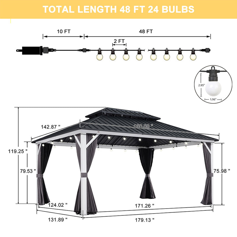 PURPLE LEAF Patio Hardtop Gazebo for Outdoor Grey Galvanized Steel Double Roof White Aluminum Poles with Curtains and String Lights-milky