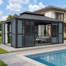 PURPLE LEAF Luxury Sunroom Solarium 360° Transparent Outdoor Living Room with Elegant Curtains Outdoor Gazebo with 4-Side Sliding Doors and Windows for Entertaining with String Lights
