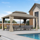 PURPLE LEAF Deck Gazebo Champagne Hardtop Metal Frame Double Roof with Curtains Netting and Reinforcement Support Rods