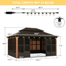 PURPLE LEAF Bronze Frame Sunroom Hardtop Gazebo Solarium Wood Grain Columns Galvanized Steel Double Roof All-Weather Screen House with Lights