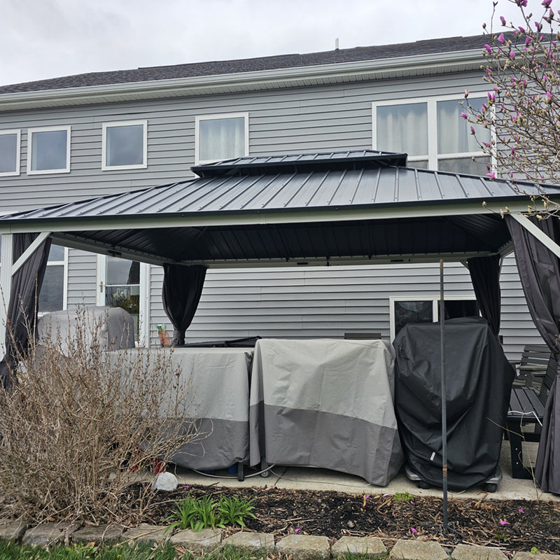 PURPLE LEAF Patio Hardtop Gazebo for Outdoor Grey Galvanized Steel Double Roof White Aluminum Poles with Curtains and String Lights-clear