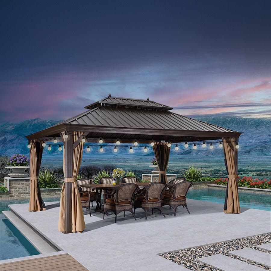 Hardtop Gazebo, Double Roof & String Lights | Bronze Frame