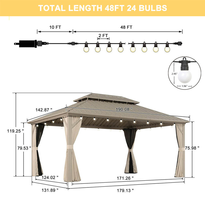 PURPLE LEAF Outdoor Hardtop Gazebo Champagne Metal Frame Galvanized Steel Double Roof with Curtains and Netting for Poolside with Lights-milky