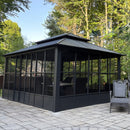 PURPLE LEAF Sunroom Hardtop Gazebo Solarium Grey Galvanized Steel Double Roof  All-Weather Aluminum Outdoor Screen House with String Lights