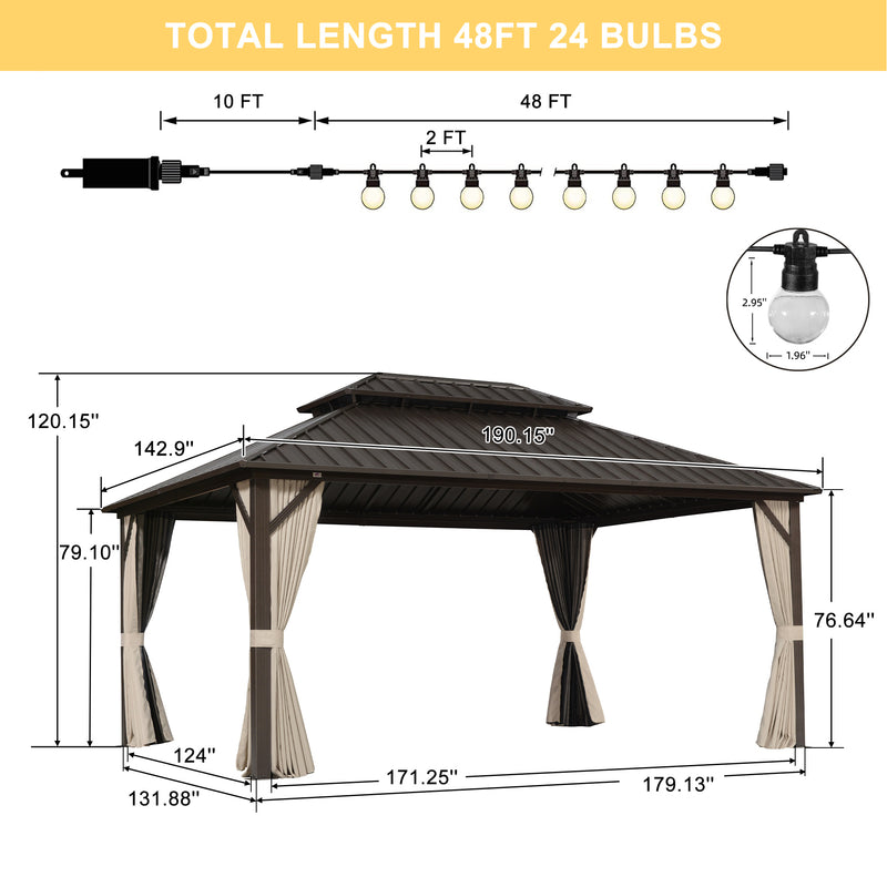 PURPLE LEAF  Outdoor Hardtop Gazebo Bronze Metal Frame Galvanized Steel Double Roof with Lights-clear