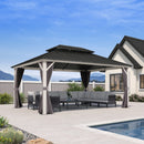 PURPLE LEAF Modern Gazebo Grey Hardtop Galvanized Steel Double Roof White Aluminum Poles with Curtains and Netting