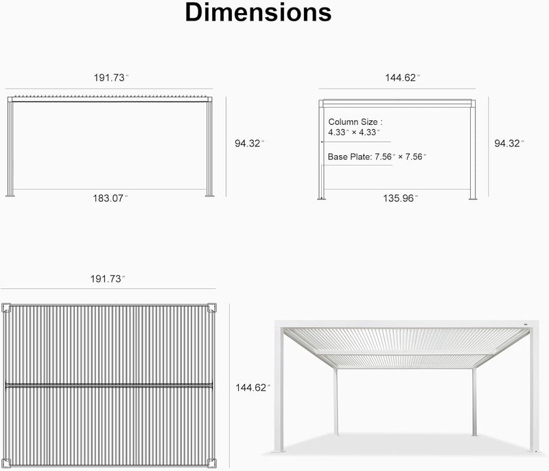 PURPLE LEAF Louvered Pergola Modern White Pergola with Adjustable Roof for Deck Backyard Garden