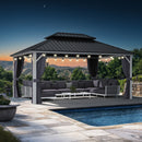 PURPLE LEAF Patio Hardtop Gazebo for Outdoor Grey Galvanized Steel Double Roof White Aluminum Poles with Curtains and String Lights-clear