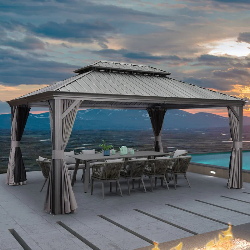 PURPLE LEAF Patio Gazebo for Backyard Grey Hardtop Galvanized Steel Roof Awning with Upgrade Curtain
