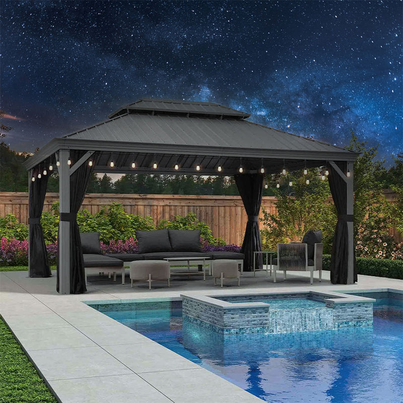 PURPLE LEAF Patio Gazebo for Pool Light Grey Hardtop Galvanized Steel Roof with String Lights