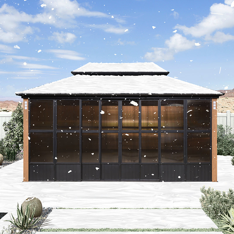 PURPLE LEAF Sunroom Hardtop Gazebo Solarium Wood Grain  Galvanized Steel Double Roof All-Weather Aluminum Outdoor Screen House