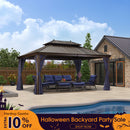PURPLE LEAF Outdoor Hardtop Gazebo for Patio Bronze Aluminum Frame Pavilion with Navy-Blue Curtain