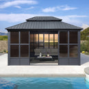 PURPLE LEAF Sunroom Hardtop Gazebo Solarium Grey Galvanized Steel Double Roof  All-Weather Aluminum Outdoor Screen House