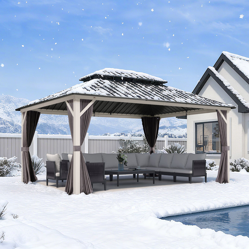 PURPLE LEAF Modern Gazebo Grey Hardtop Galvanized Steel Double Roof White Aluminum Poles with Curtains and Netting
