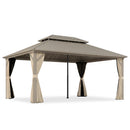 PURPLE LEAF Deck Gazebo Champagne Hardtop Metal Frame Double Roof with Curtains Netting and Reinforcement Support Rods