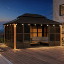 PURPLE LEAF Bronze Frame Sunroom Hardtop Gazebo Solarium Wood Grain Columns Galvanized Steel Double Roof All-Weather Screen House with Lights