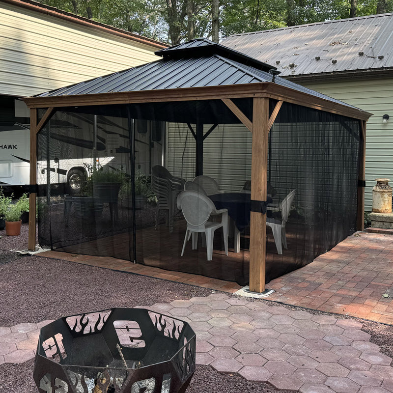 PURPLE LEAF Hardtop Gazebo for Patio Wood Grain Galvanized Steel Frame Awning with Netting