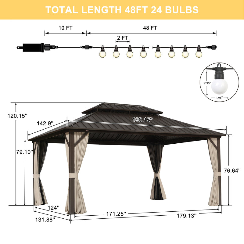 PURPLE LEAF Outdoor Hardtop Gazebo Bronze Metal Frame Galvanized Steel Double Roof with Lights-milky