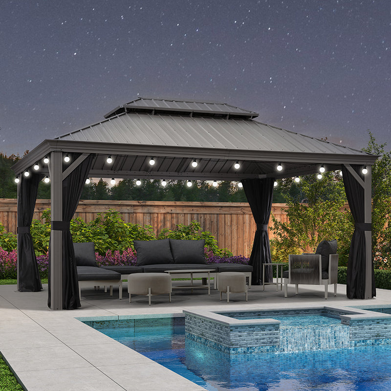 PURPLE LEAF Patio Gazebo for Pool Light Grey Hardtop Galvanized Steel Roof with String Lights-milky