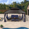 PURPLE LEAF Outdoor Hardtop Gazebo for Patio Bronze Aluminum Frame Pavilion with Navy-Blue Curtain and String Lights