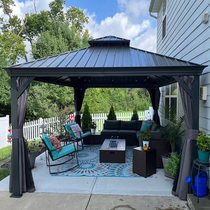 PURPLE LEAF Patio Gazebo for Backyard Grey Hardtop Galvanized Steel Roof Awning with Upgrade Curtain