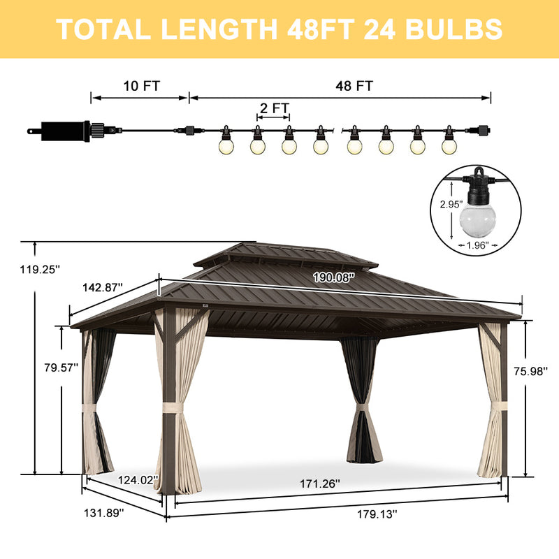 PURPLE LEAF Outdoor Hardtop Gazebo Bronze Metal Frame Galvanized Steel Double Roof with Lights-milky