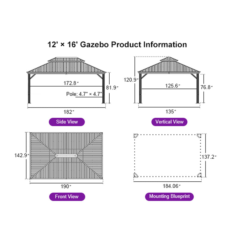 PURPLE LEAF Hardtop Gazebo for Patio Wood Grain Galvanized Steel Frame Awning with Netting