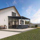 Gray wall mounted gazebo with polycarbonate roof and aluminum frame on modern patio
