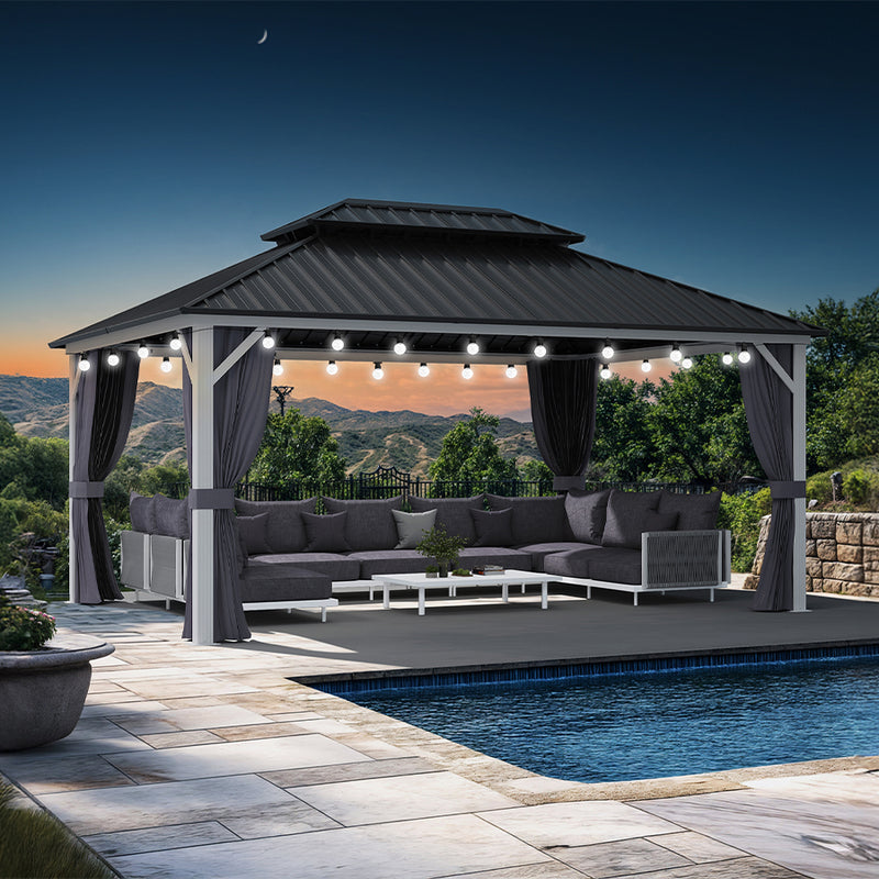 PURPLE LEAF Patio Hardtop Gazebo for Outdoor Grey Galvanized Steel Double Roof White Aluminum Poles with Curtains and String Lights-milky