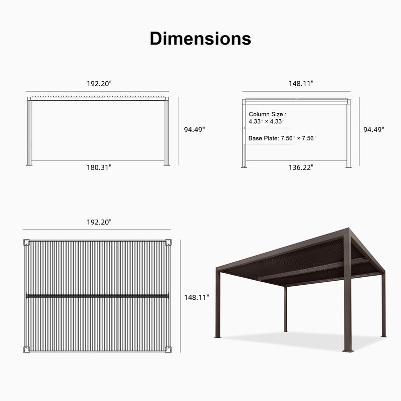 PURPLE LEAF Athena Louvered Pergola Bronze Outdoor Aluminum Pergola with Shutter Wall Adjustable Gazebo Rainproof for Patio Deck Garden