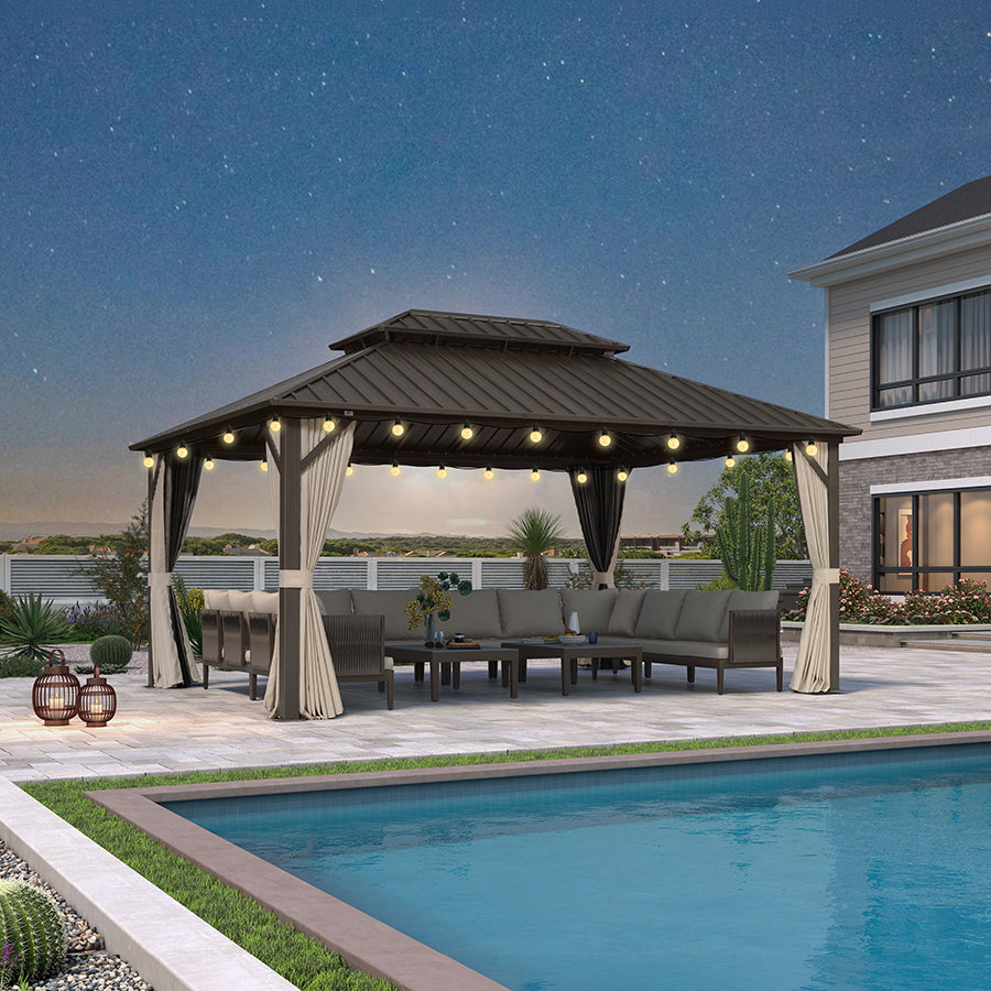 Outdoor Hardtop Gazebo Bronze Aluminum Frame Galvanized Steel Double Roof Lights clear