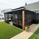 PURPLE LEAF Sunroom Hardtop Gazebo with Wood Grain Columns Black Frame Double Roof Galvanized Steel Solarium All-Weather Screen House